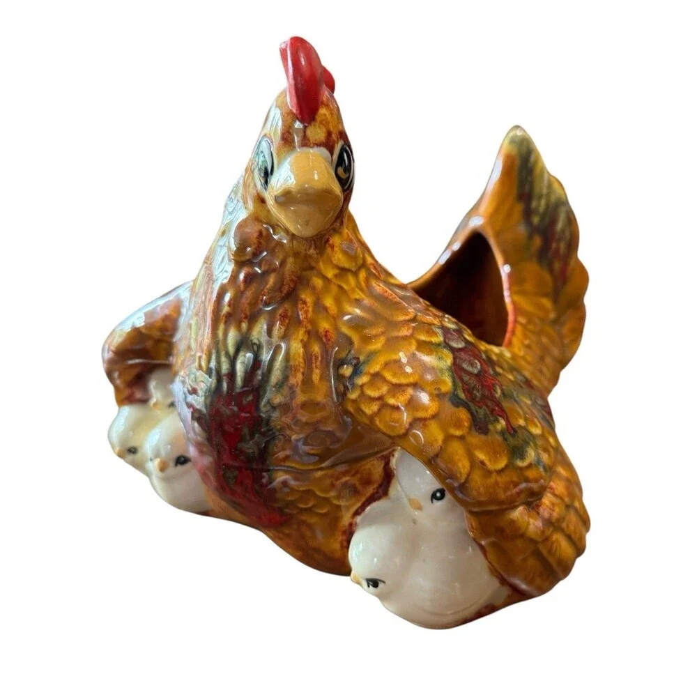 Vintage Arnels Hen Sitting on Chicks Chicken Centerpiece Planter Dish Brown Red